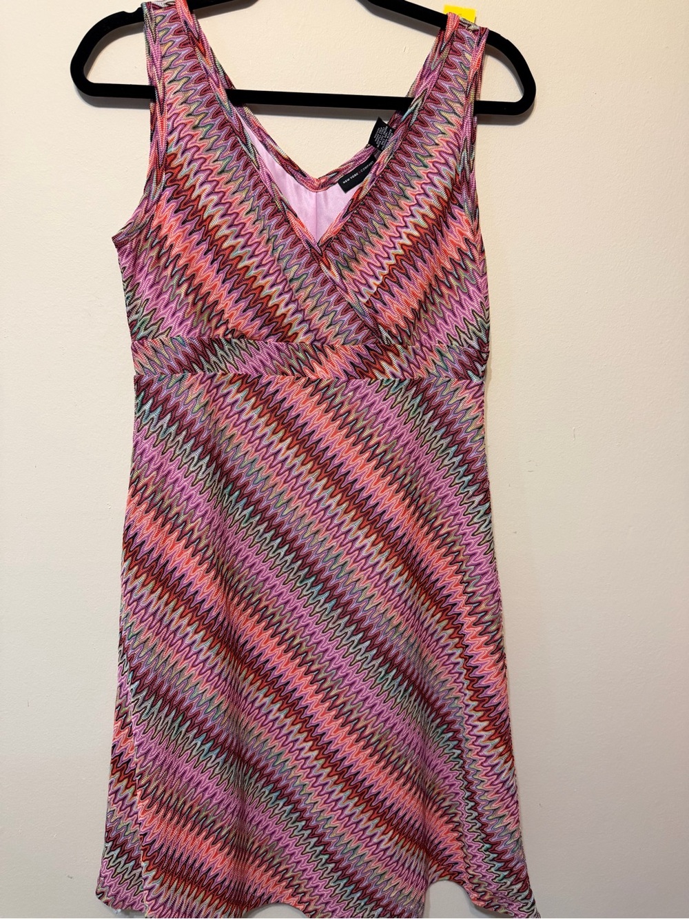New York & Company Pink Multicolor Chevron V-Neck Dress